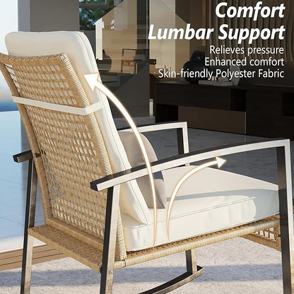 3 Piece Patio Rocking Chairs Set of 2, Outdoor Rocking Chair Bistro Set with Tempered Glass Coffee Table and Thick Lumbar Pillow Set, Front Porch Chairs for Garden, Backyard (Basic)