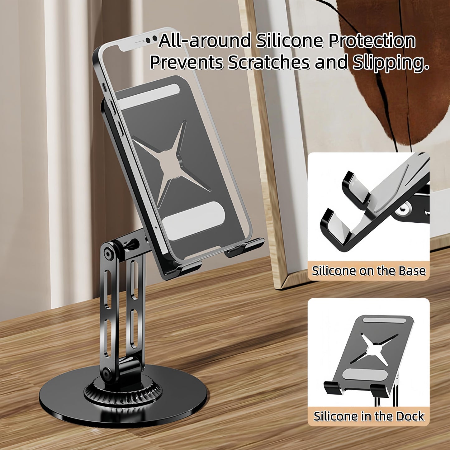 Briteroh All-Metal Cell Phone Stand 360° Rotatable & Height Adjustable - 25KG Super Load-Bearing, Foldable Desk Stand for Phone, Compatible with iPhone 17/16/15/14 (Black)