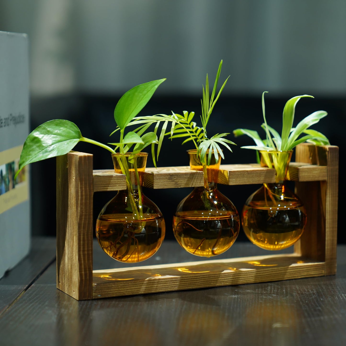 Kingbuy Plant Terrarium with Wooden Stand, Glass Planter Desktop Propagation 3 Bulb Vase Metal Holder Retro Rack for Hydropoincs Plants Home Office Decor, Brown