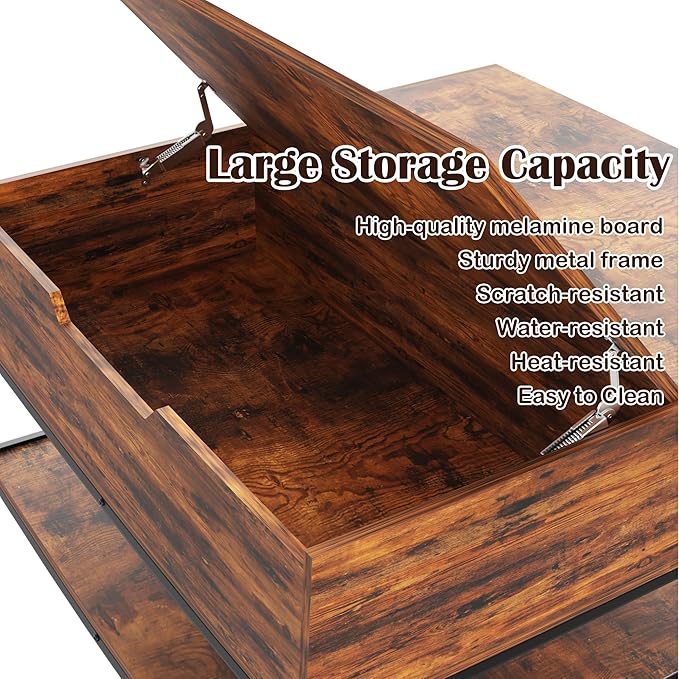 Farmhouse Coffee Table with Hidden Storage 32 in, Square Wood Living Room