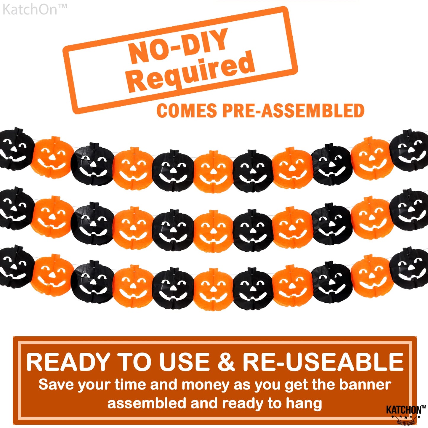 KatchOn, Long Pumpkin Halloween Garland - 10 Feet, 3 Strings, No DIY | Black and Orange Pumpkin Garland for Halloween Party Decorations