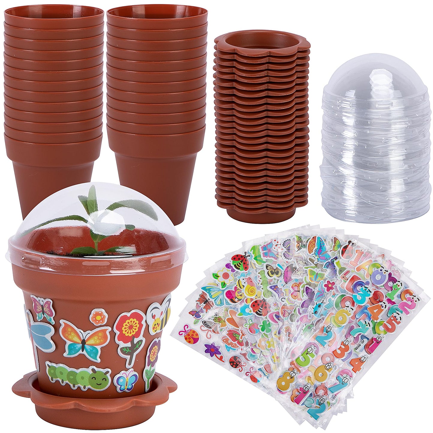 25 Packs Cupcake Plant Nursery Pots with Humidity Dome, Small Plastic Flower Plant Pots with 20 Sheet Stickers, Seeds Starter Pot Flower Planting Container for Seedlings Succulent Display (Wine Red)