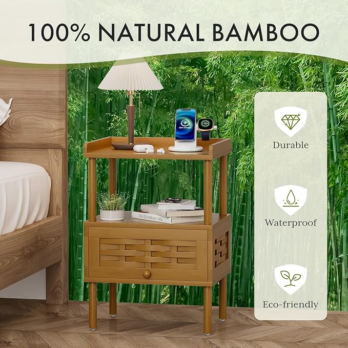Amazer Walnut Nightstand with Charging Station, Bamboo Night Stand