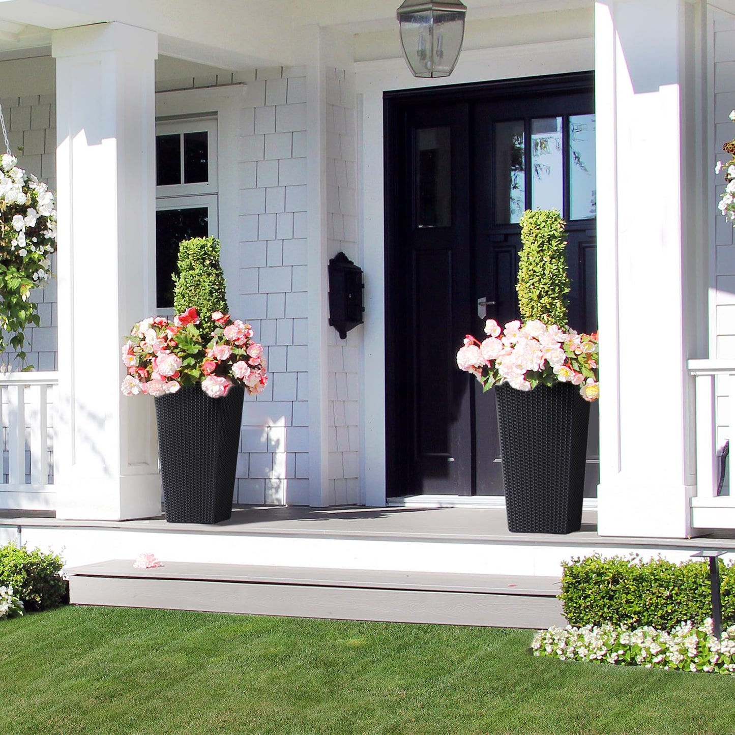 22.4" Black Tall Planters Outdoor Set of 2, Large Black Flower Pots Outdoor with Drainage Holes & Automatic Watering System, Modern Large Resin Planters for Outdoor Plants, Front Porch, Deck, Rattan