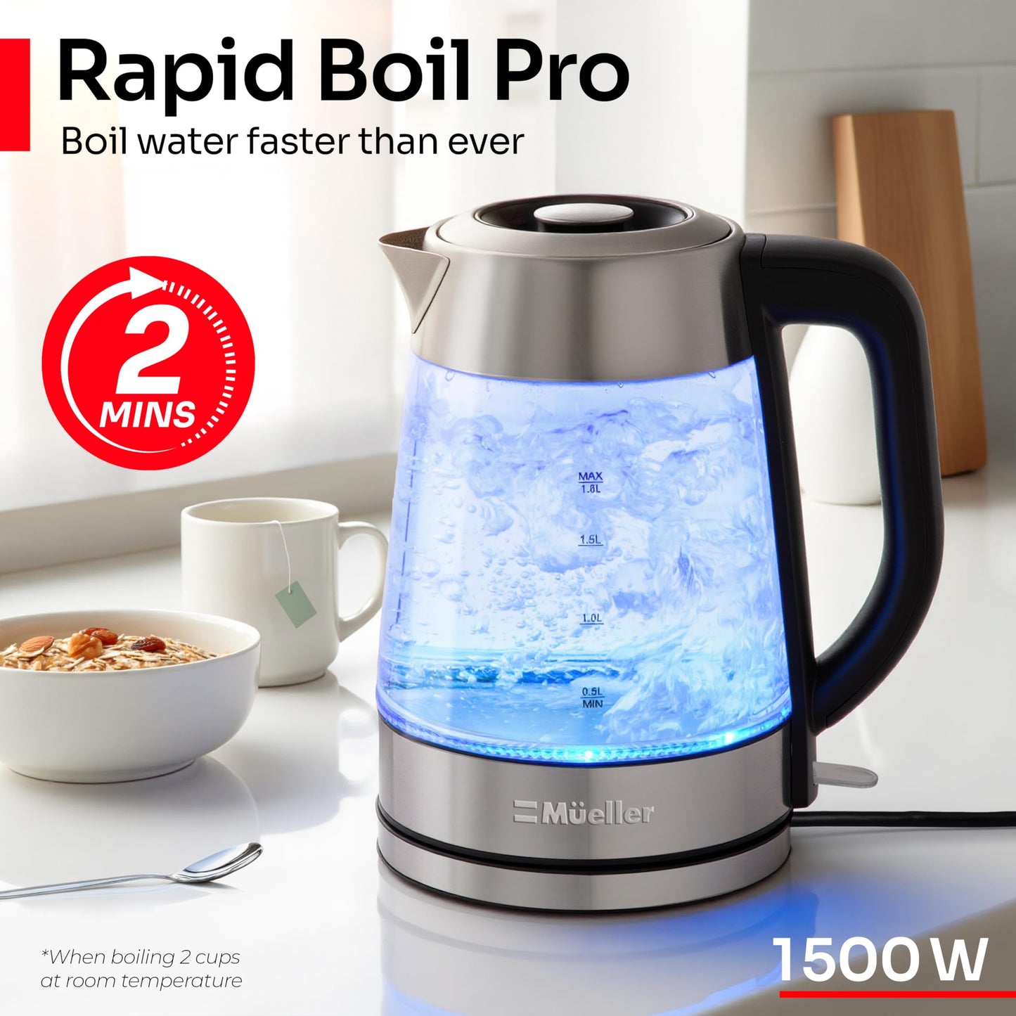 Mueller RapidBoil Electric Kettle 1.8L – Borosilicate Glass & Stainless Steel – BPA-Free Tea Kettle, LED Light, Auto Shut-Off, Boil Dry Protection Water Heater – Fast Heating, Kitchen Appliances