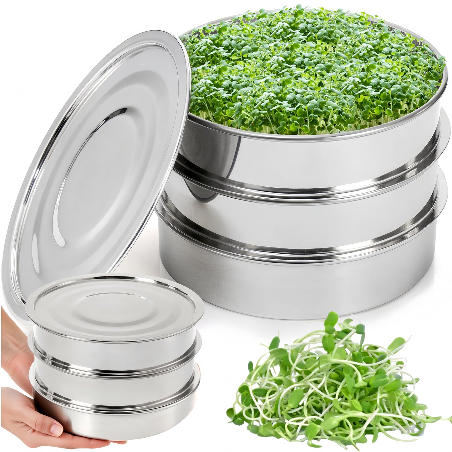 Tlence 9" Stackable Stainless Steel Seed Sprouting Kit, 3-Tier Mesh Germination Tray, Seed Sprout Grower with Lid Base, Microgreens Propagator for Beans Peas Broccoli Wheat Grass, Soil Free