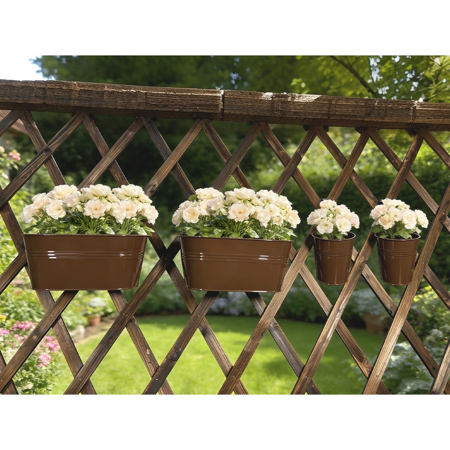 Joyfernal Set of 12 Balcony Hanging Planters, 4 Pcs 17" Metal Railing Flower Pots & 4 Pcs 12" Deck Planter & 4 Pcs 4" Fence Pot for Outdoor Patio Garden Décor, Chocolate
