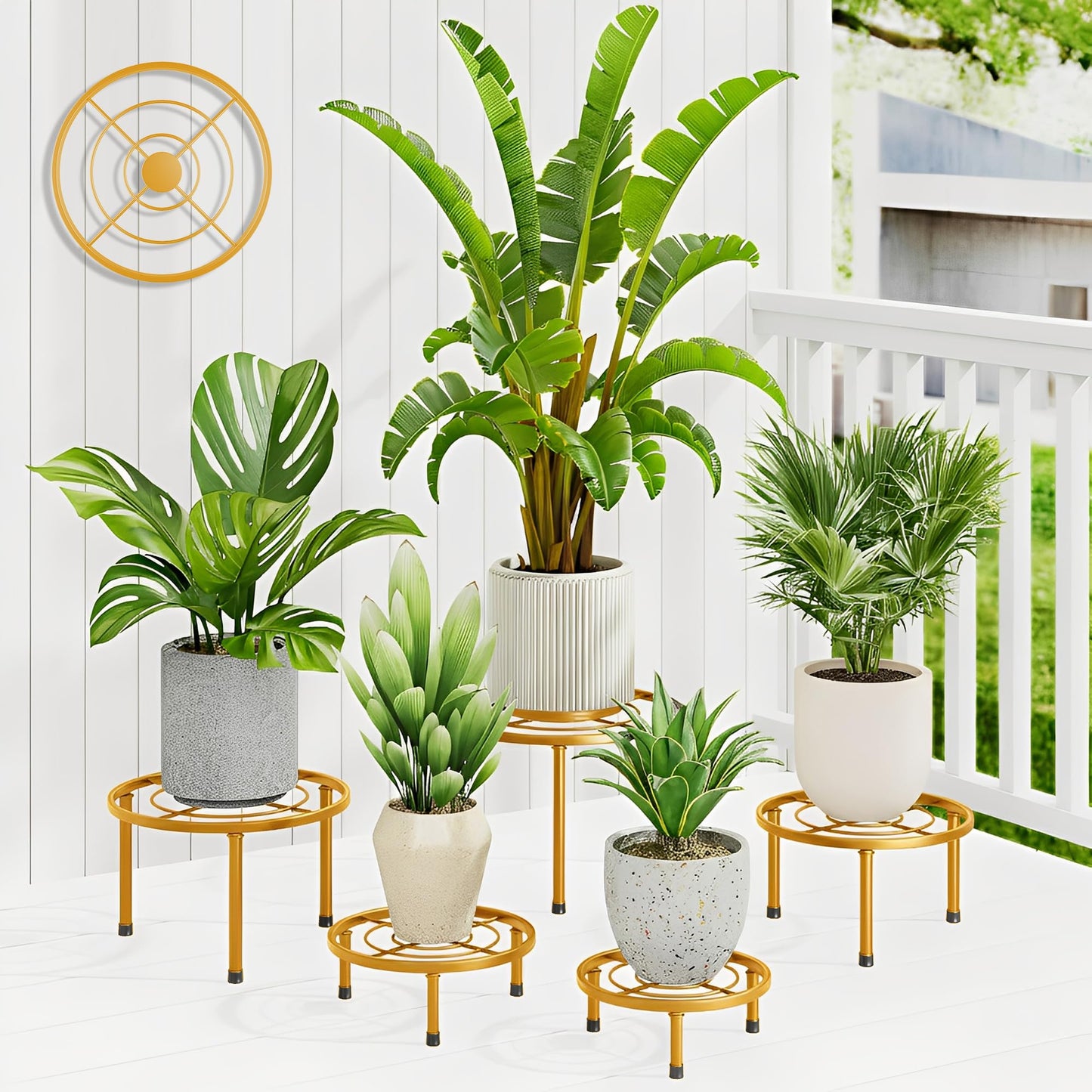 NQW 5 Pack Metal Potted Plant Stands,Flower Pot Stand Holder,Heavy Duty Plant Shelf for Multiple Plant,Rustproof Planter Container Round Supports Display Rack for Home(GoldCircle)