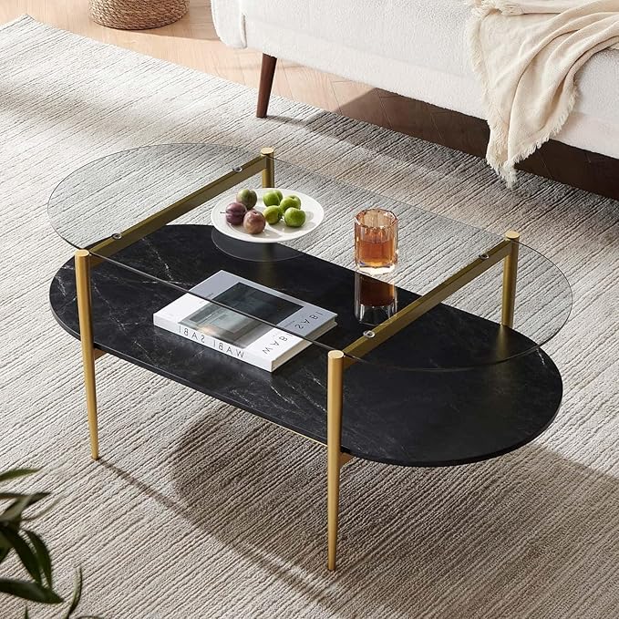 LumFurn Oval Glass Coffee Table, Mid-Century Modern Design, L41 x W21 x H17 inch