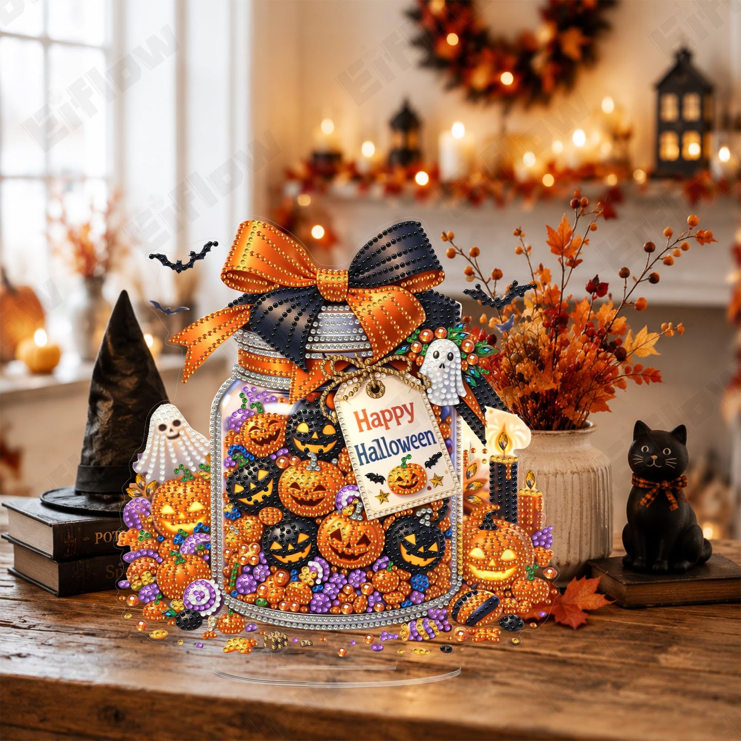Eiflow Tabletop Diamond Art Kit for Adults Halloween Pumpkins, DIY Desktop Diamond Art Painting with Stand, Acrylic Stand Up Gem Painting Board Kit (Happy Halloween)
