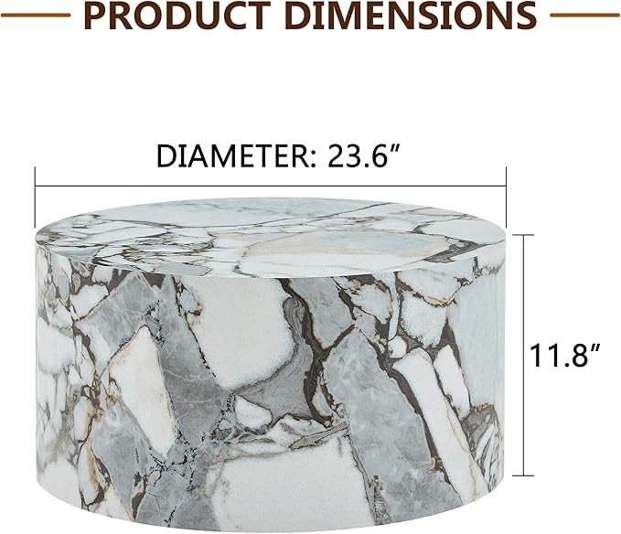 Round Coffee Table, 23.6" Modern Faux Marble Drum Coffee Table, Round Accent
