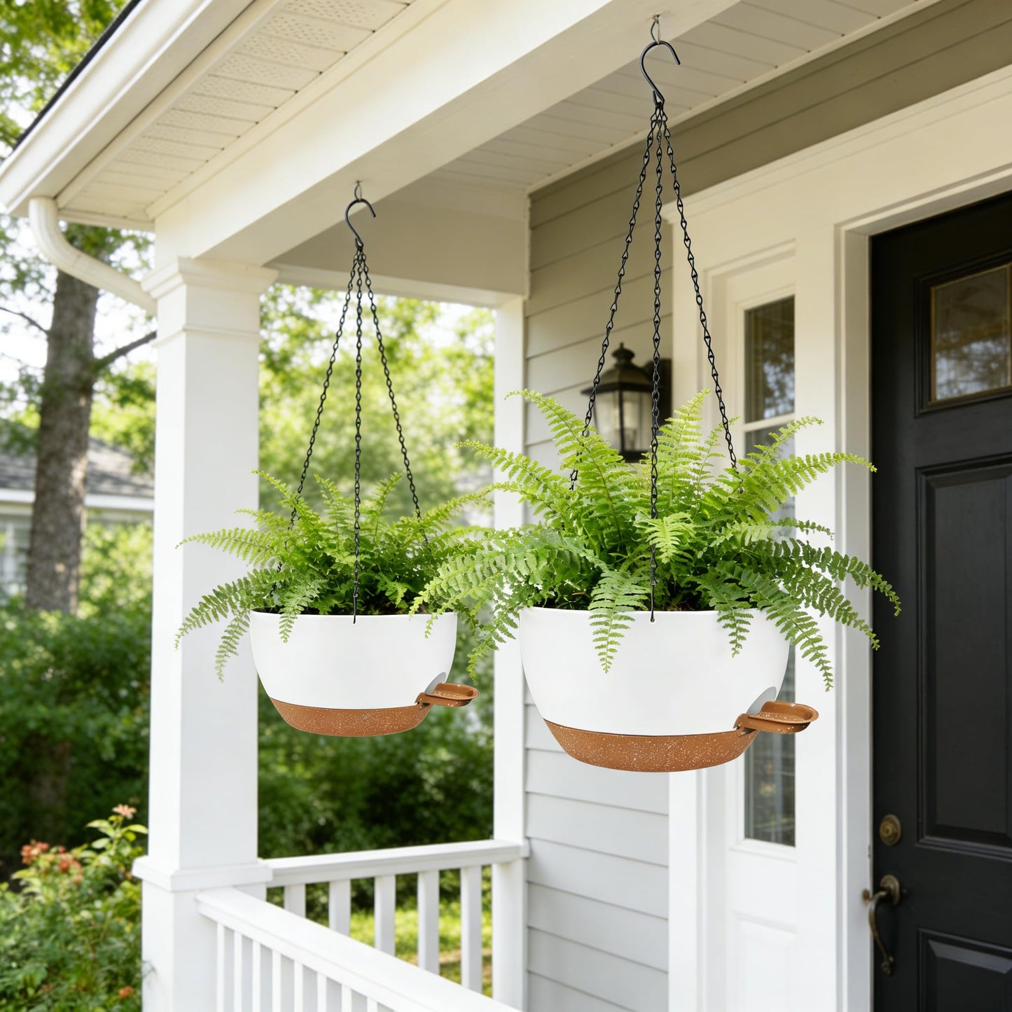 CNLBO 12 Inch Self Watering Hanging Planters 2 Pack, Indoor Outdoor Hanging Pots for Plants with Drainage Holes & Saucers, White Brown Plastic Hanging Baskets for Kitchen Balcony Garden