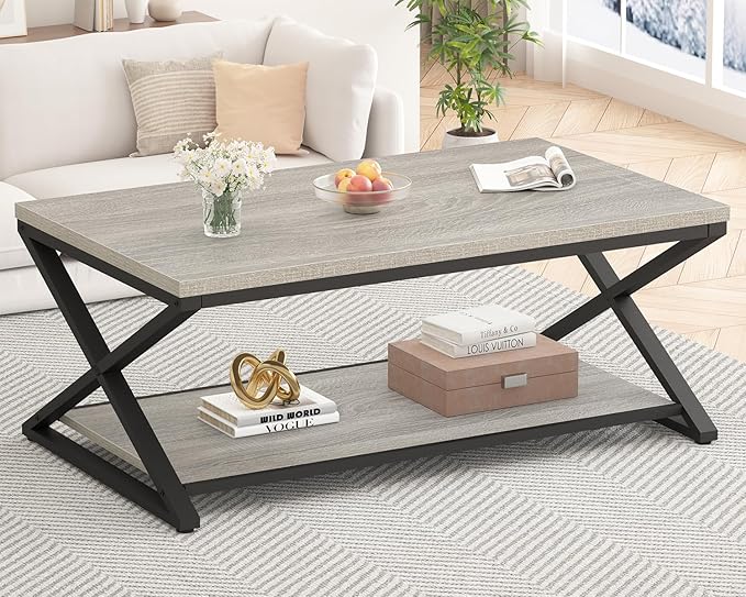 HSH Coffee Table with Storage, Farmhouse Grey Living Room Center Table