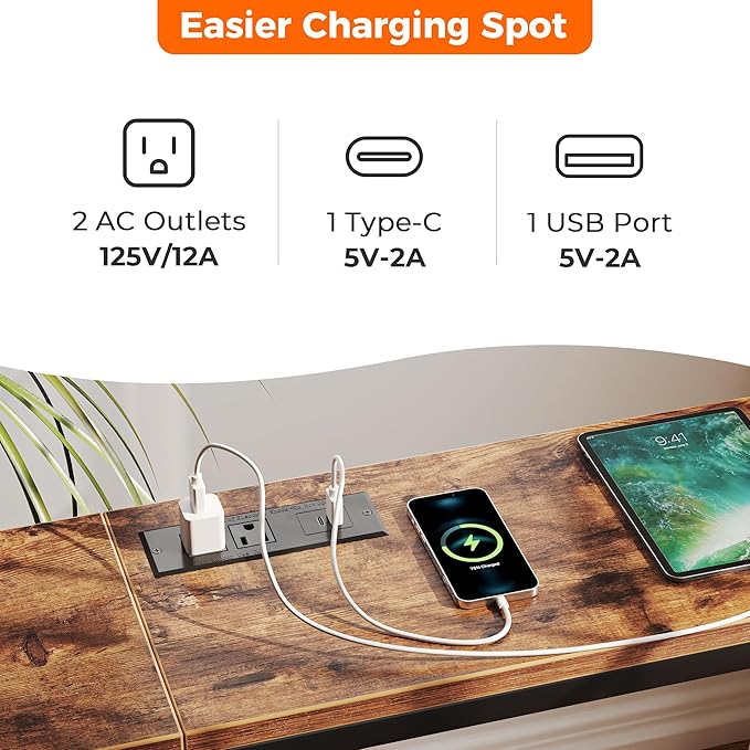 SUPERJARE Console Table with Outlet, 63 Inch Sofa Table with Charging Station