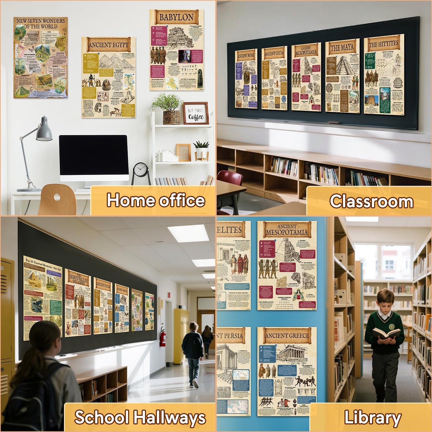 KIDS KING 18 Culture Posters for Classroom, 11x17in Laminated Educational Posters of Ancient Civilizations History, 7 Wonders of The World, Top 10 Unsolved Mysteries - School Hallways, Home Study Room