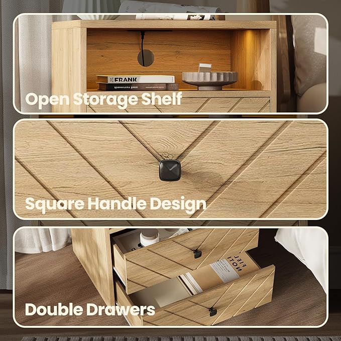 Modern Nightstand with Charging Station, LED Bedside Table with 2 Storage