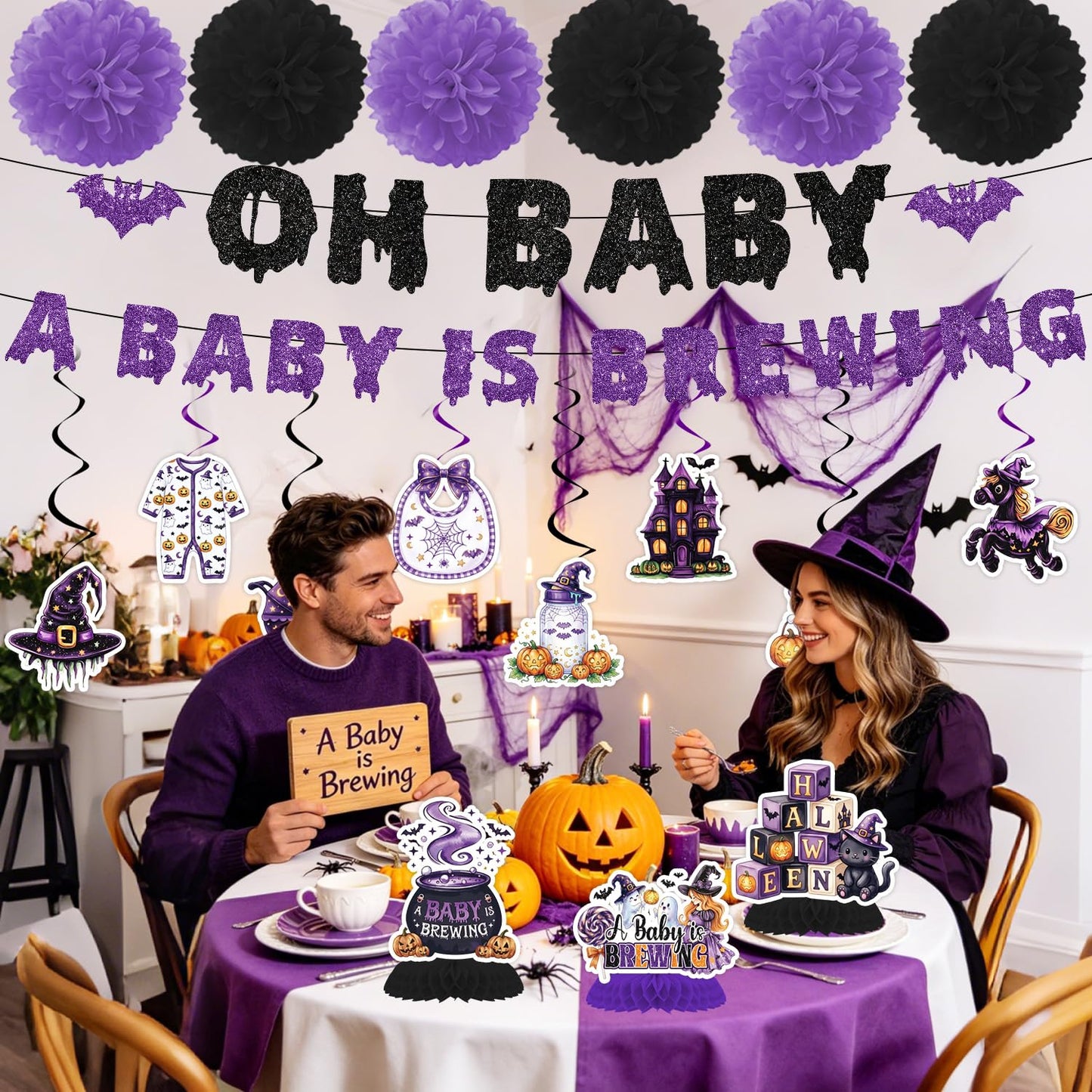 Deorfuy Halloween Baby Shower Decorations, 16PCS a Baby is Brewing Banners with Hanging Swirls Decorations, Halloween Gender Reveal Honeycomb Centerpieces and Paper Poms Decor Supplies Black Pink