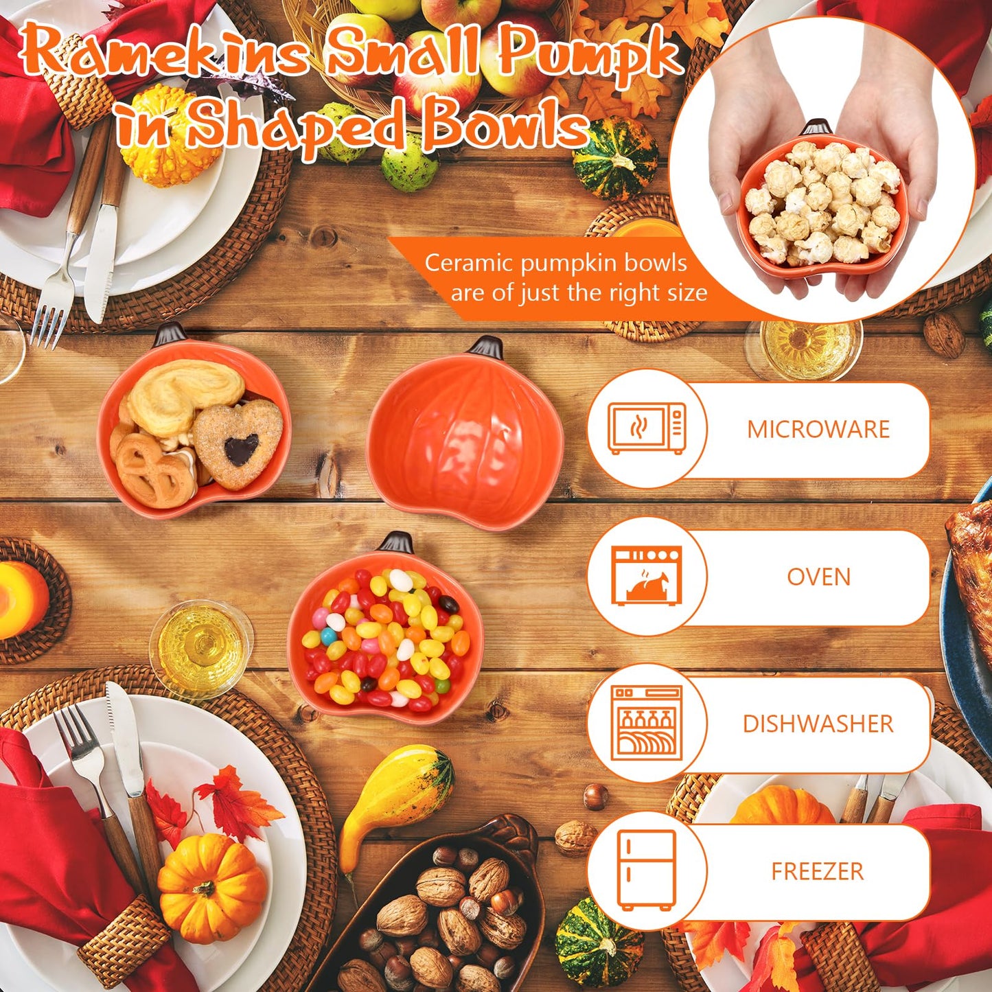 8 Pcs Fall Ramekins 6 oz Oven Safe Pumpkin Ceramic Ramekins Small Creme Dishes Dipping Pumpkins Baking Dish Thanksgiving Pumpkin Shaped Bowl Plates for Kitchen Party Snack Serving Dip Sauce Condiments