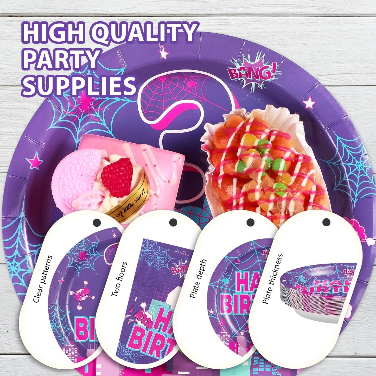 Greencian Purple Spider 3rd Birthday Party Decorations Purple Spider Themed Plates and Napkins Cartoon 3rd Decorations for 3 Years Old Boys Girls Kids Birthday Party Supplies