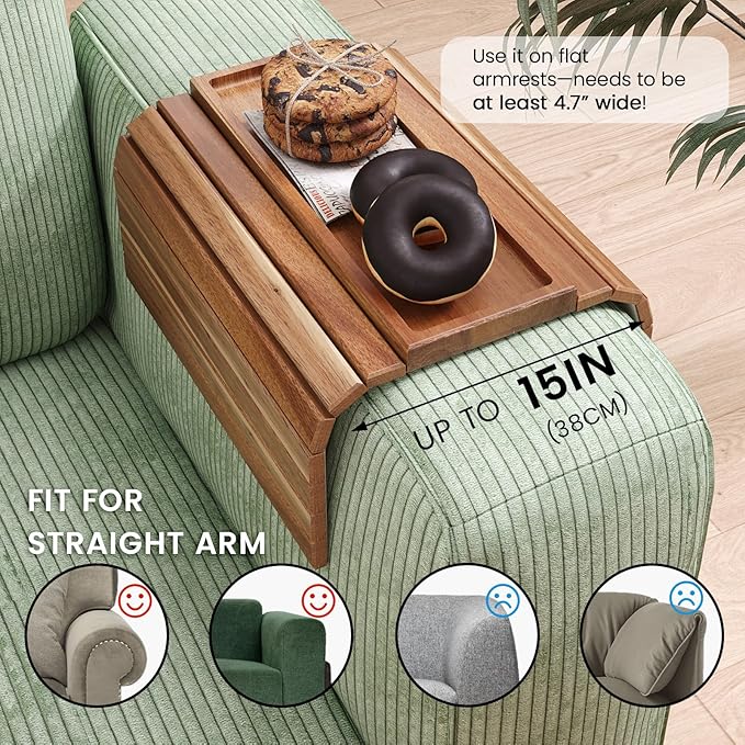 Sofa Arm Tray, Acacia Wood Folding Couch Arm Tray, Sofa Armrest Trays