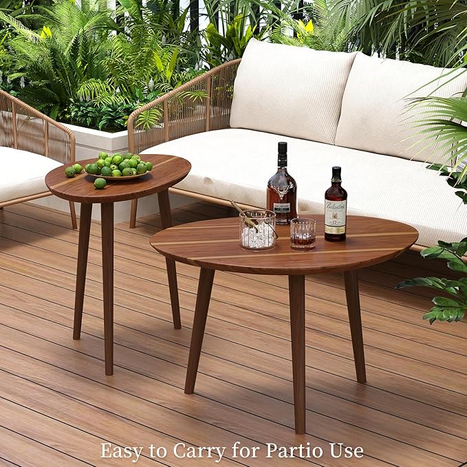 Small Oval Coffee Tables Set, Acacia Wood Nesting Tables（25.6"x17.7"+17.7"x13.4"