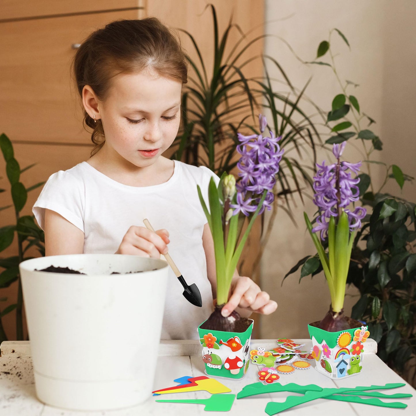 Elcoho 36 Set Garden Plastic Pot Craft Kit Plant Spring Craft Kits Flower Pots with 150 Foam Stickers 36 Labels 24 Certificate of Awards 3 Tools Planting Growing Kit, White