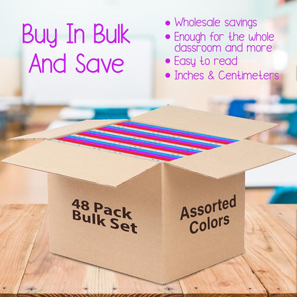 Rulers Bulk for Classroom (48 Bulk Pack) Plastic Ruler 12 Inch, Ruler with Centimeters and Inches, Bulk School Supplies Wholesale, Assorted Colors (48 Pack)