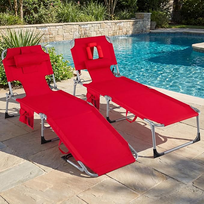 Goplus Tanning Chair, Folding Adjustable Patio Lounger w/Face Arm Holes
