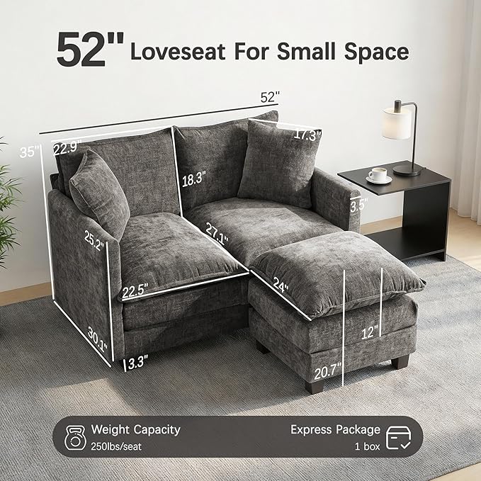 52'' Loveseat Sofa with Ottoman, Cloud Sofa Couch with 27" Deep Seat & 2 Pillows