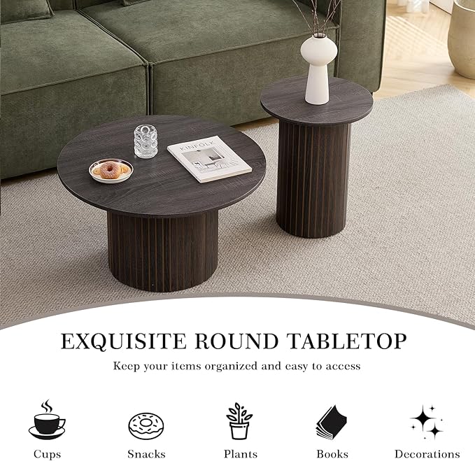 Round Nesting Coffee Table Set of 2 Mid Century Modern Wood Round Coffee Tables
