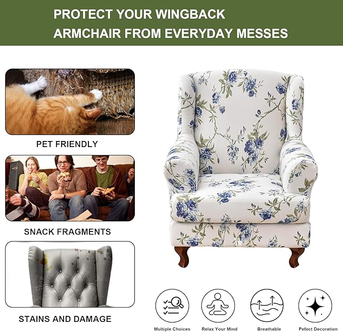 HAOYONG Wing Chair Slipcovers Elastic Printed Wingback Chair Covers 2 Pieces