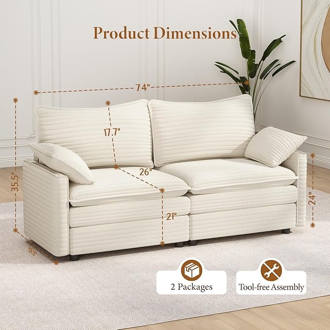 Vesgantti 74" Loveseat Sofa for Living Room, Comfy Cloud Couch Deep Seat
