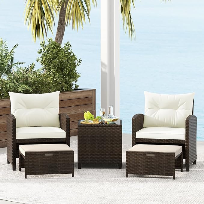 Tangkula 5 Pieces Patio Conversation Set, PE Wicker Outdoor Furniture Set