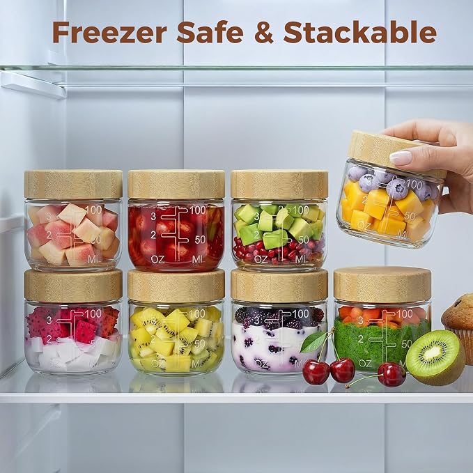 HomArtist 4oz Glass Salad Dressing Containers with Bamboo Lids - 3 Pack Small Airtight Condiment Cups, Mini Sauce Jars for Picnic, Ketchup, Dip & Snacks, Leakproof, BPA-Free & Dishwasher Safe