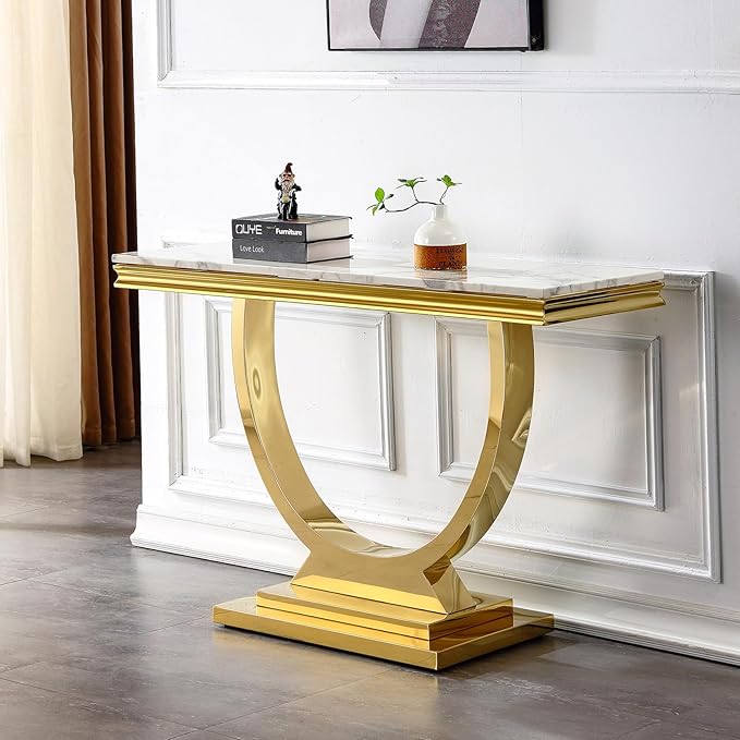 Henf 47" Marble Console Table Modern White Faux Marble Entryway Table