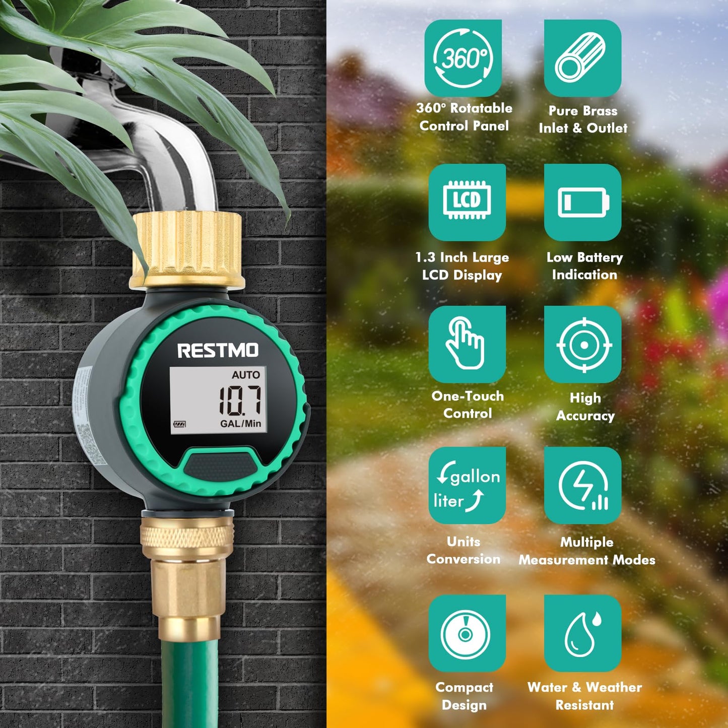 RESTMO 360° Rotatable Water Flow Meter, Pure Brass Inlet & Outlet Water Meter, Measure Gallon/Liter Consumption and Flow Rate for Garden Hose Watering, RV Water Tank Filling and Lawn Sprinkler