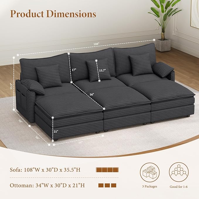 Vesgantti 108" Cloud Couch for Living Room, t6 Seats Deep Seat Sectional