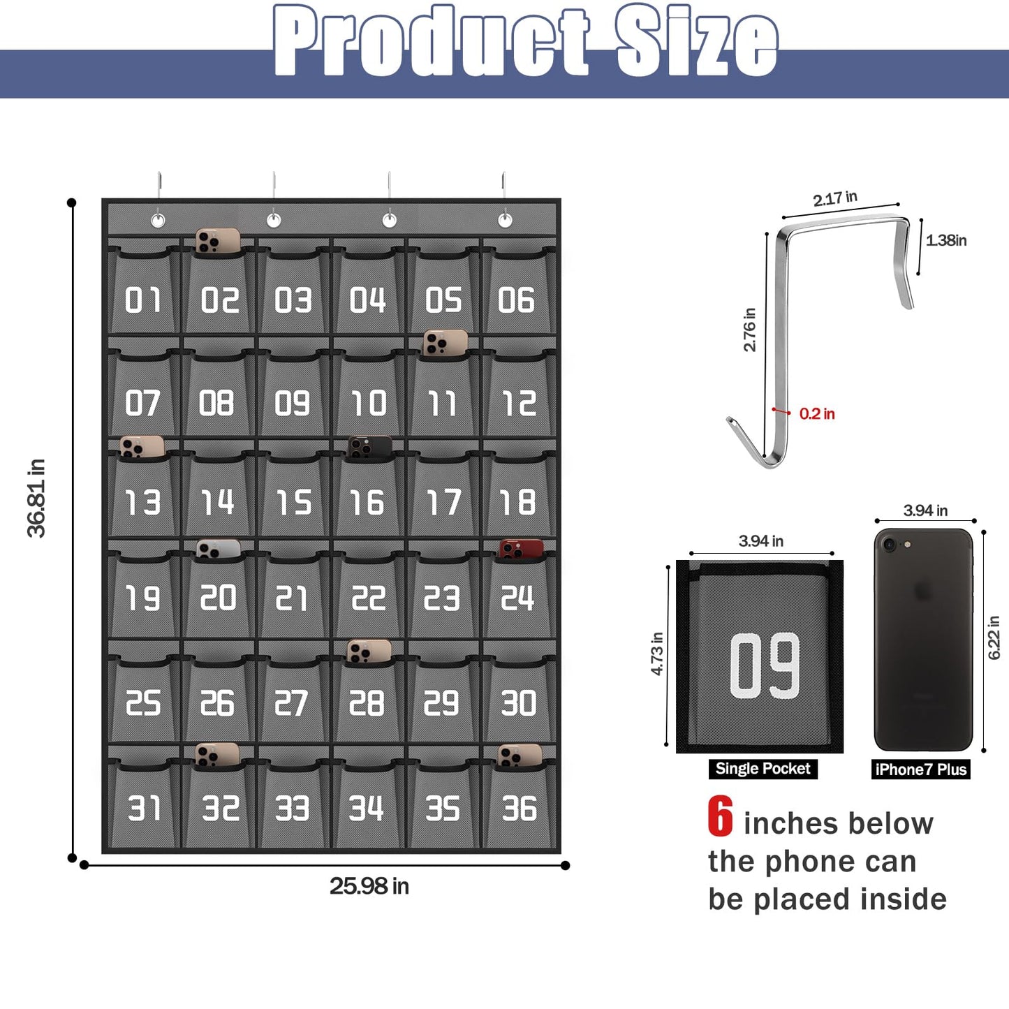 Loghot Classroom Accessories Closet Pocket Chart for Cell Phones Holder Wall Door Hanging Organizer (36 Pockets Gray)