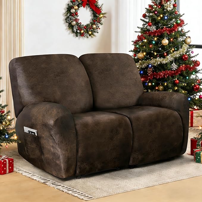 ANARACHON Leather Look Loveseat Recliner Cover, 6-Pieces Stretch Dual Recliner
