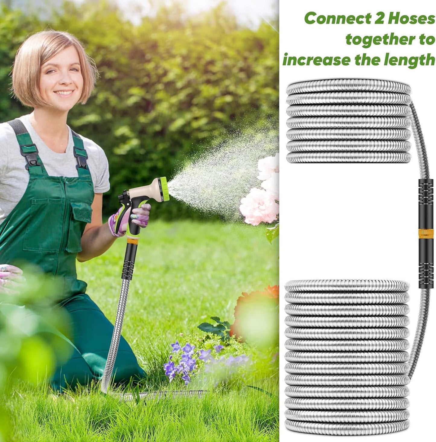 Garden Hose 50 ft, Stainless Steel Water Hose with 10 Function Nozzle Flexible, Heavy Duty, Lightweight, No-Kink, Pet Proof, Puncture Proof Hose Metal for Yard, Outdoor