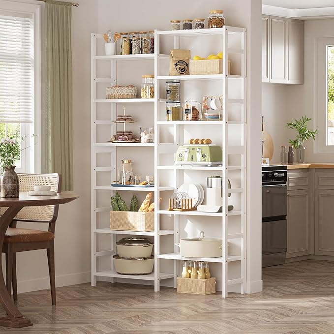 Homykic Double Wide Bamboo Bookshelf White, 6-Tier Large Open Bookcase