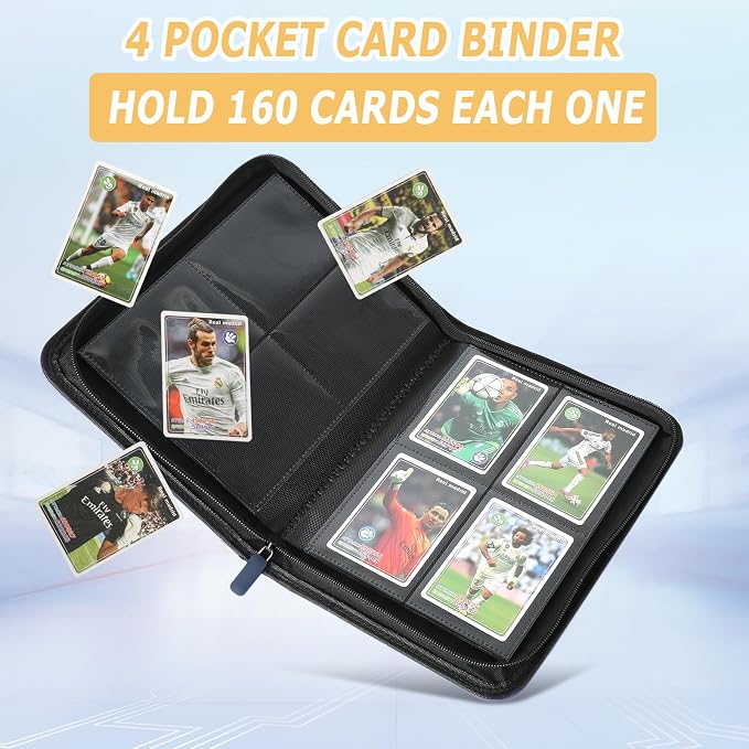 4 Pocket Ringless Side Loading Trading Card Binder, 160 Cards PU Fixed Page Zipper Card Album for TCG Sports Game Cards, Not Fit Top Loaders (Blue)
