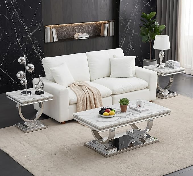 Henf Marble End Table Modern White Faux Marble Sofa Side Table
