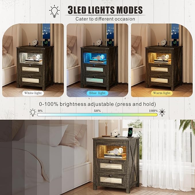 Farmhouse Night Stand with Gun Drawer, Bedside Table with Charger Station