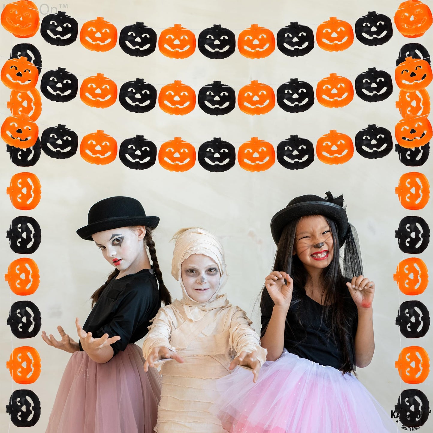 KatchOn, Long Pumpkin Halloween Garland - 10 Feet, 3 Strings, No DIY | Black and Orange Pumpkin Garland for Halloween Party Decorations