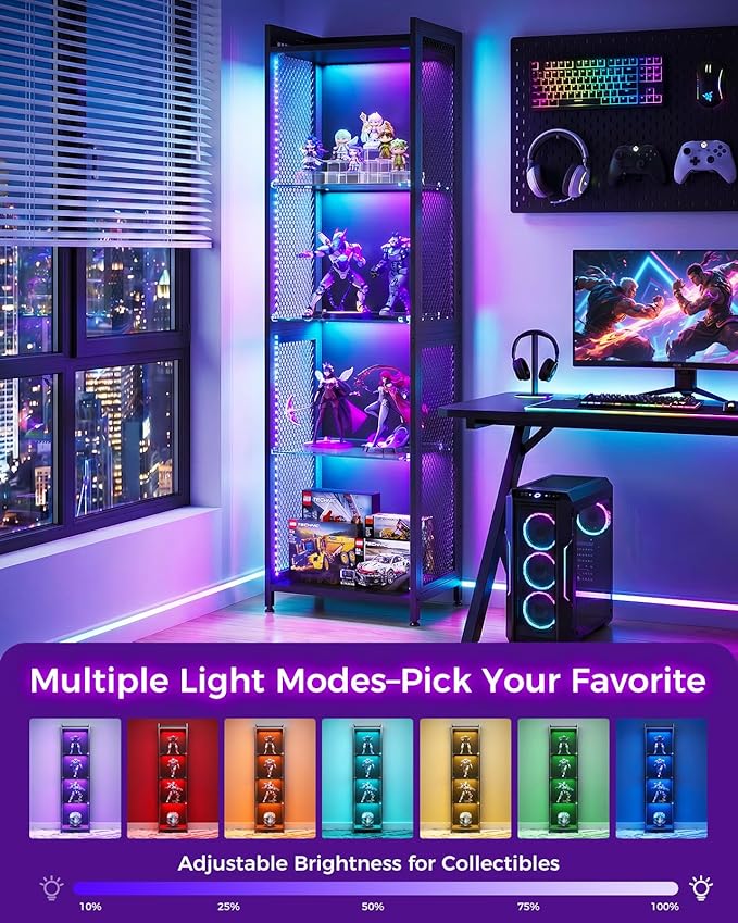 AODK Display Case with LED Lights, Display Cabinet with Open Glass Shelves
