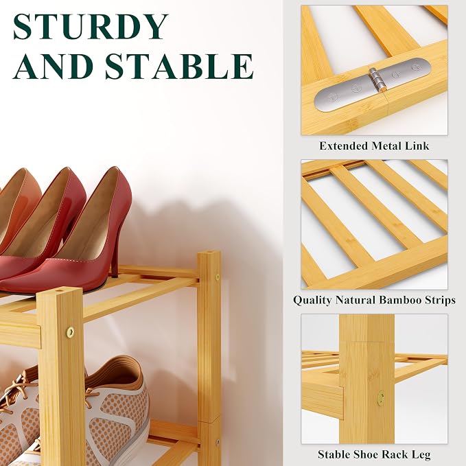 Smiry Long Bamboo Shoe Rack, 4 Tier Free Standing Wooden Shoe Organizer, Stackable Wood Shoe Storage Shelf for Closet, Entryway, 12 Vertical Slats, 2+2 Stack Standard Legs, 33.7"x11"x26", Natural
