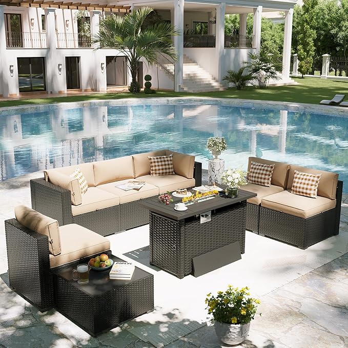 Aoxun Patio Furniture Set with Fire Pit Table, 8 Piece Outdoor Sectional Sofas