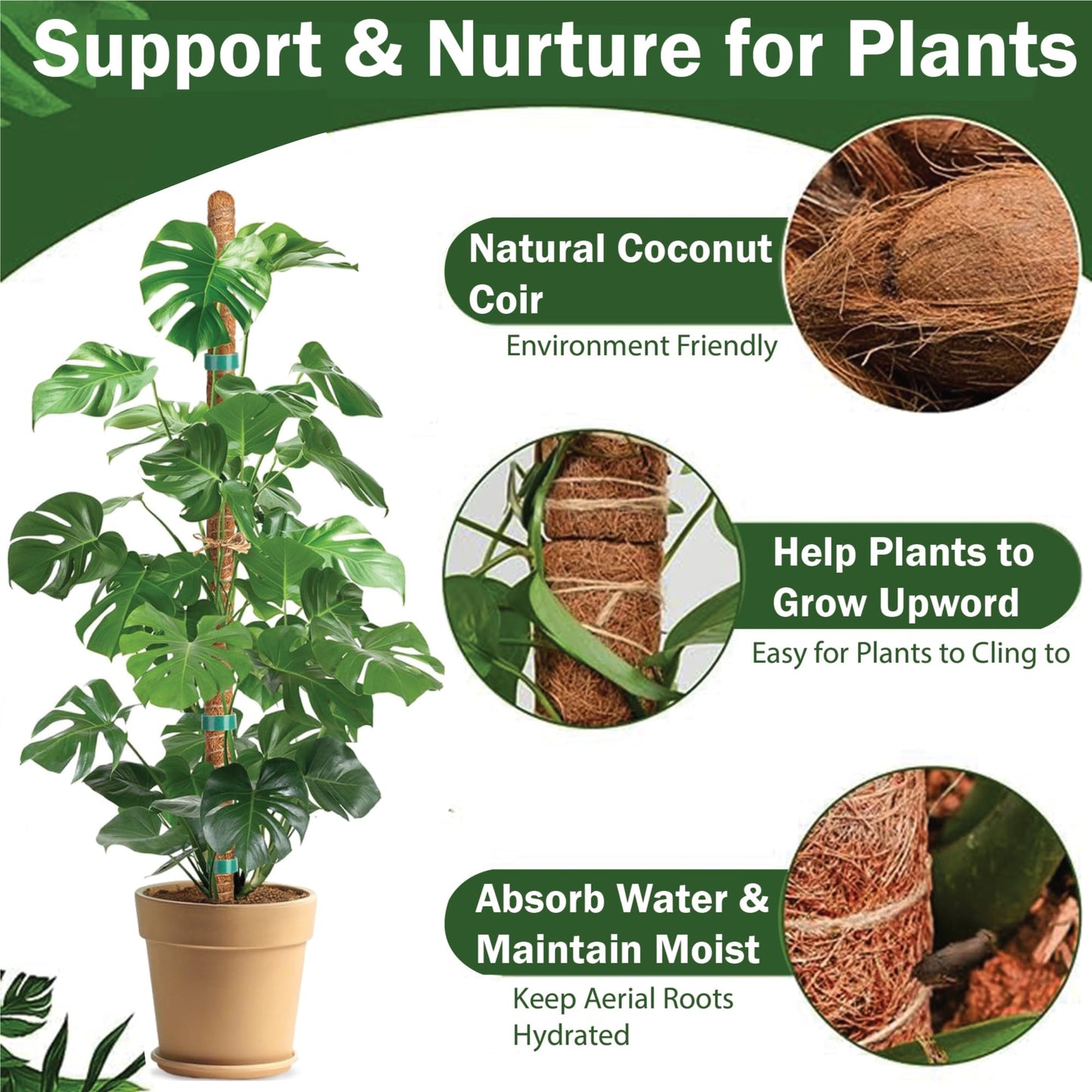 MONTIVO 3 Pack 28 Inch Moss Pole, Stackable Moss Poles for Climbing Plants Monstera, Tall Plant Sticks Accessories, Large Coir Monstera Plant Support Stakes for Potted Plants Indoor, Pothos