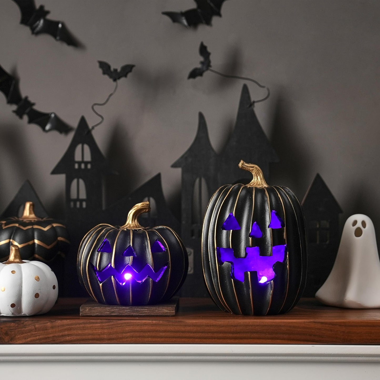 FESTGLOX 2Pcs Light Up Black Pumpkins for Halloween with Gold Lines, Small Jack O Lantern Pumpkins with Purple LED Light, Resin Halloween Pumpkin for Indoor Spooky Decor, Table (Battery Operated)